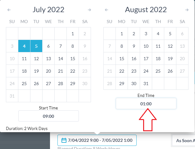 Imposta l'ora di fine dell'attività